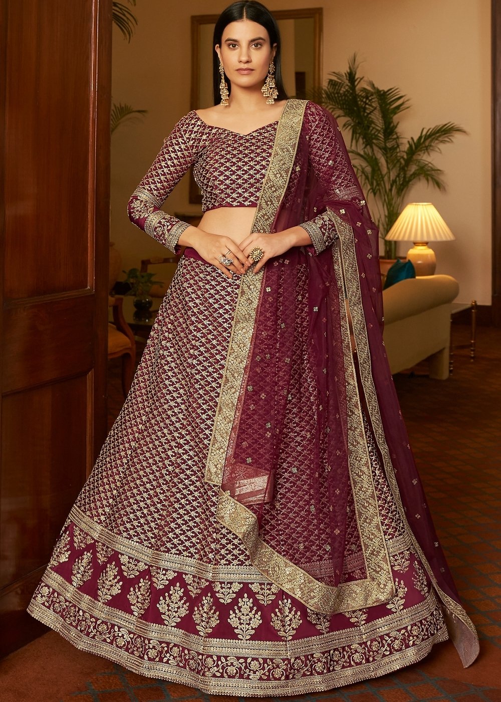 Maroon Red Crepe Lehenga Choli with Dori & Sequins work | Ready To Wear - qivii
