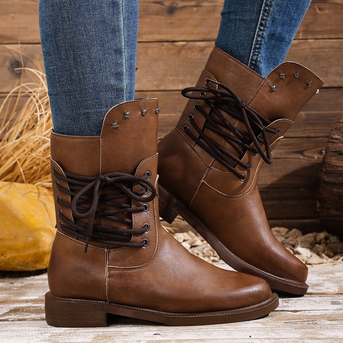 Women's Rivet Roma Boots - Side Lace Chunky Heel Mid Calf Boots (US 4-10.5)