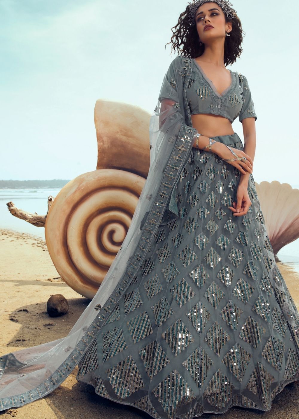 Anchor Grey Soft Net Designer Lehenga Choli with overall Sequins and Thread work(Pre-Order) | Ready To Wear - qivii