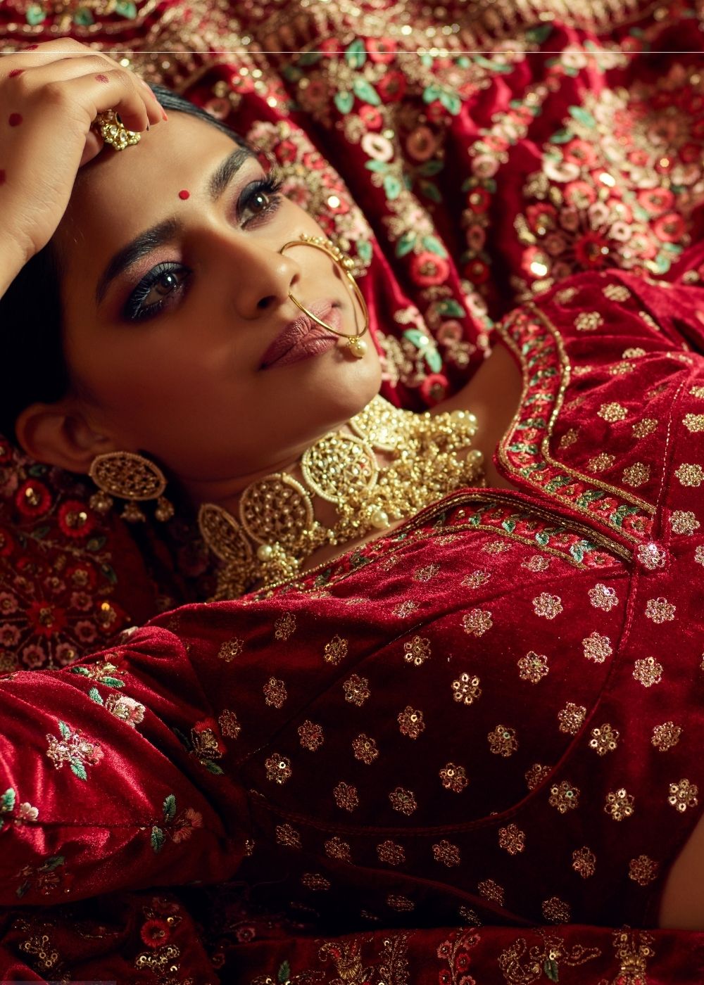 Berry Red Bridal Velvet Lehenga Choli with Embroidery & Hand work | Ready To Wear - qivii