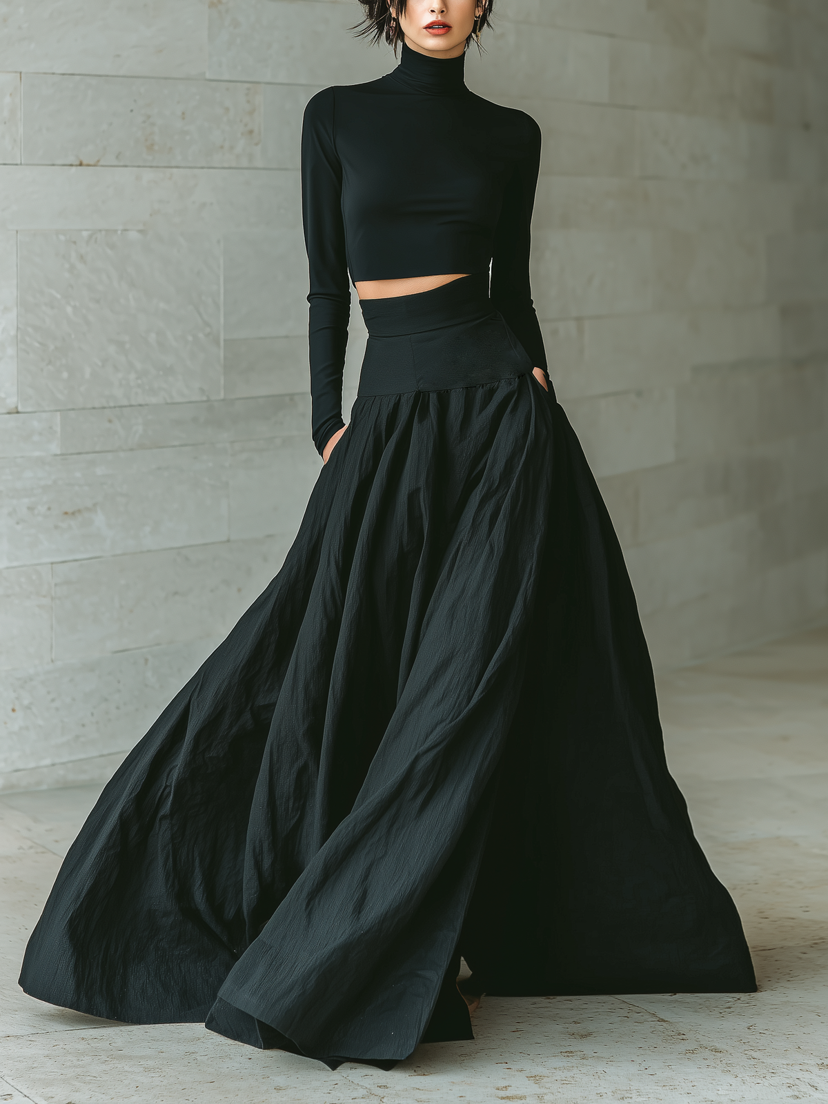 Women's Fashionable And Elegant Black Fitted Turtleneck Long-sleeved Cropped Top Paired With A Black Long Skirt MDA2692K3AN