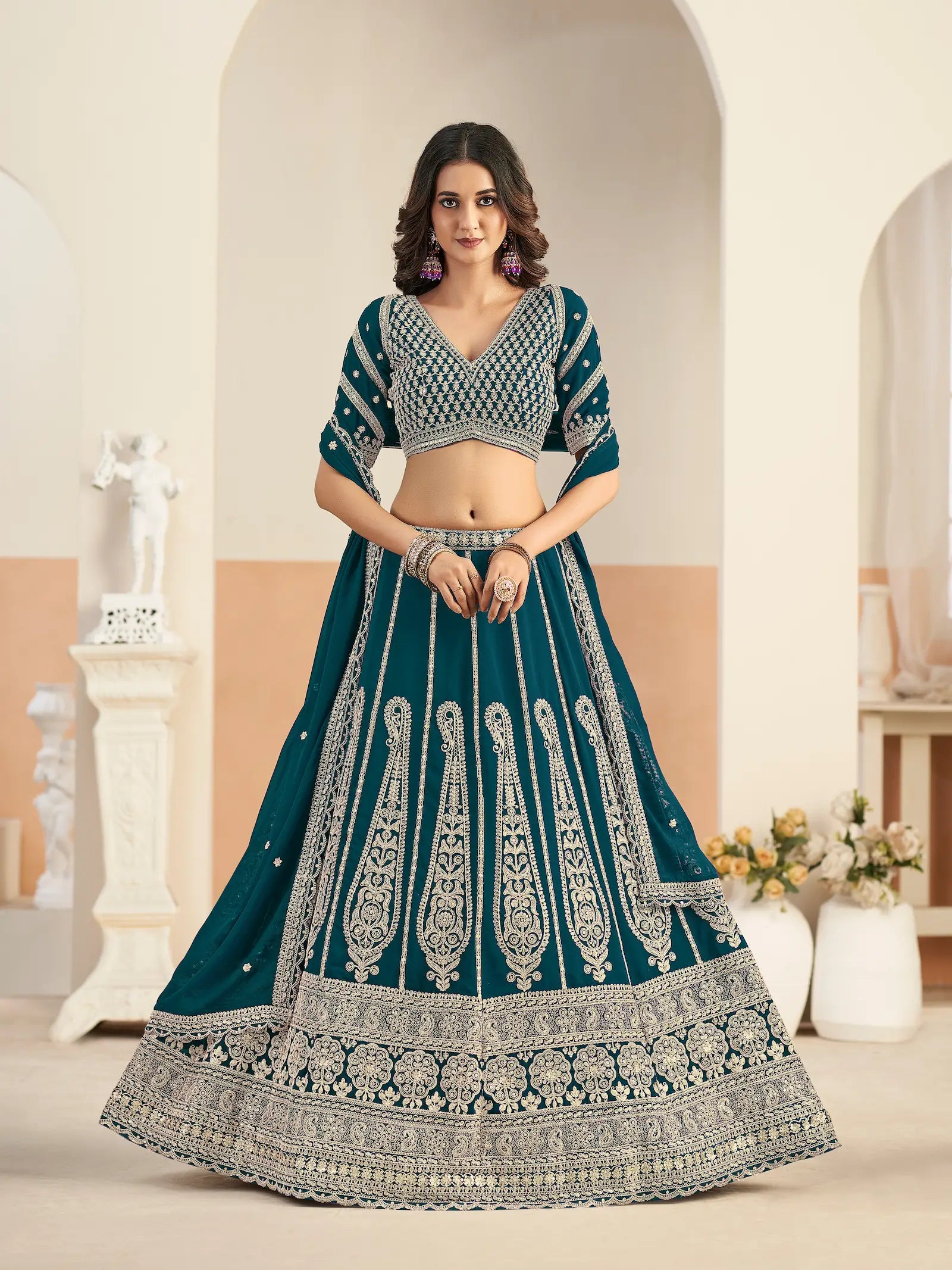 Deep Teal Georgette Embroidery Lehenga Choli