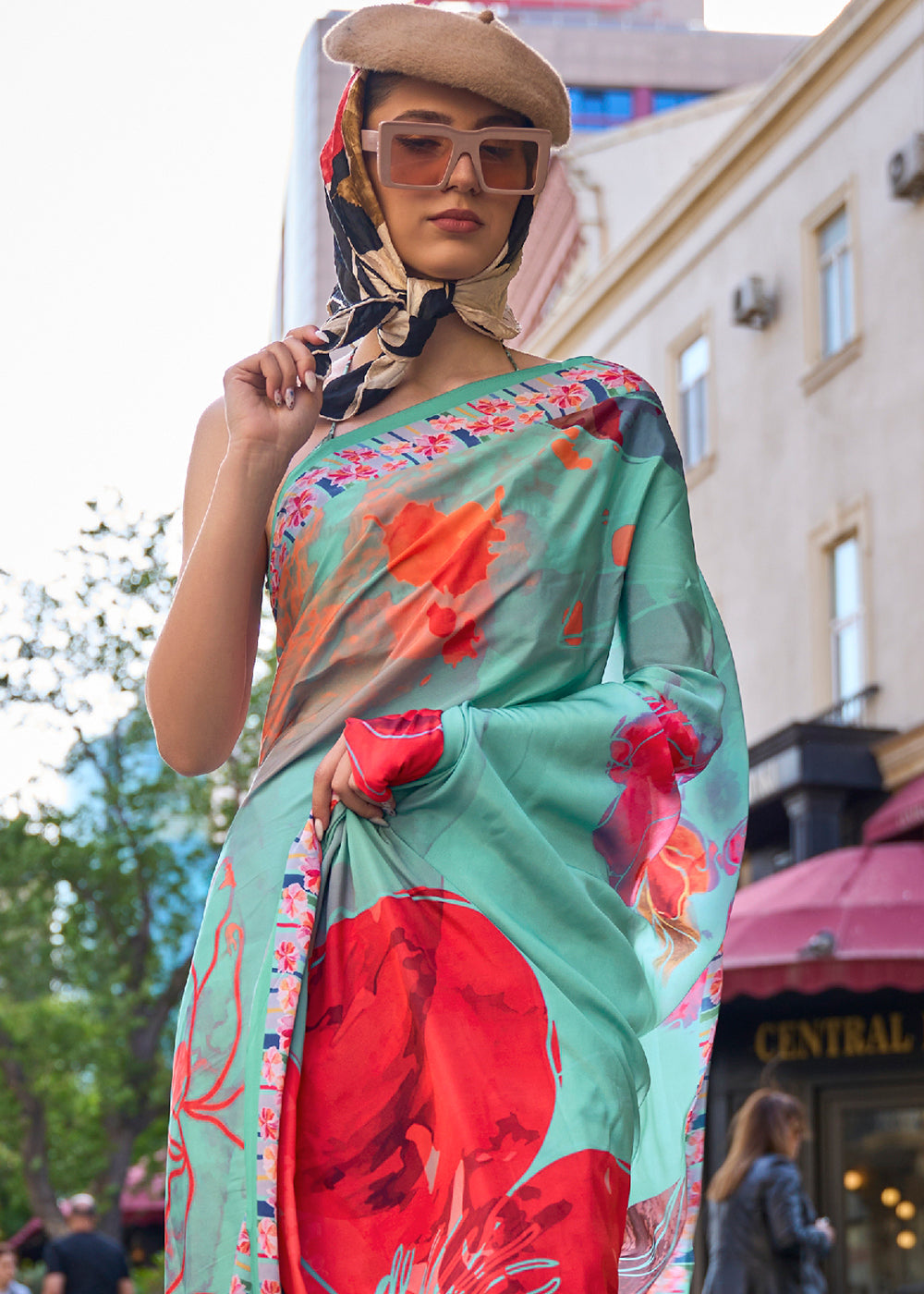 Mint Green Digital Printed Crepe Silk Saree - qivii