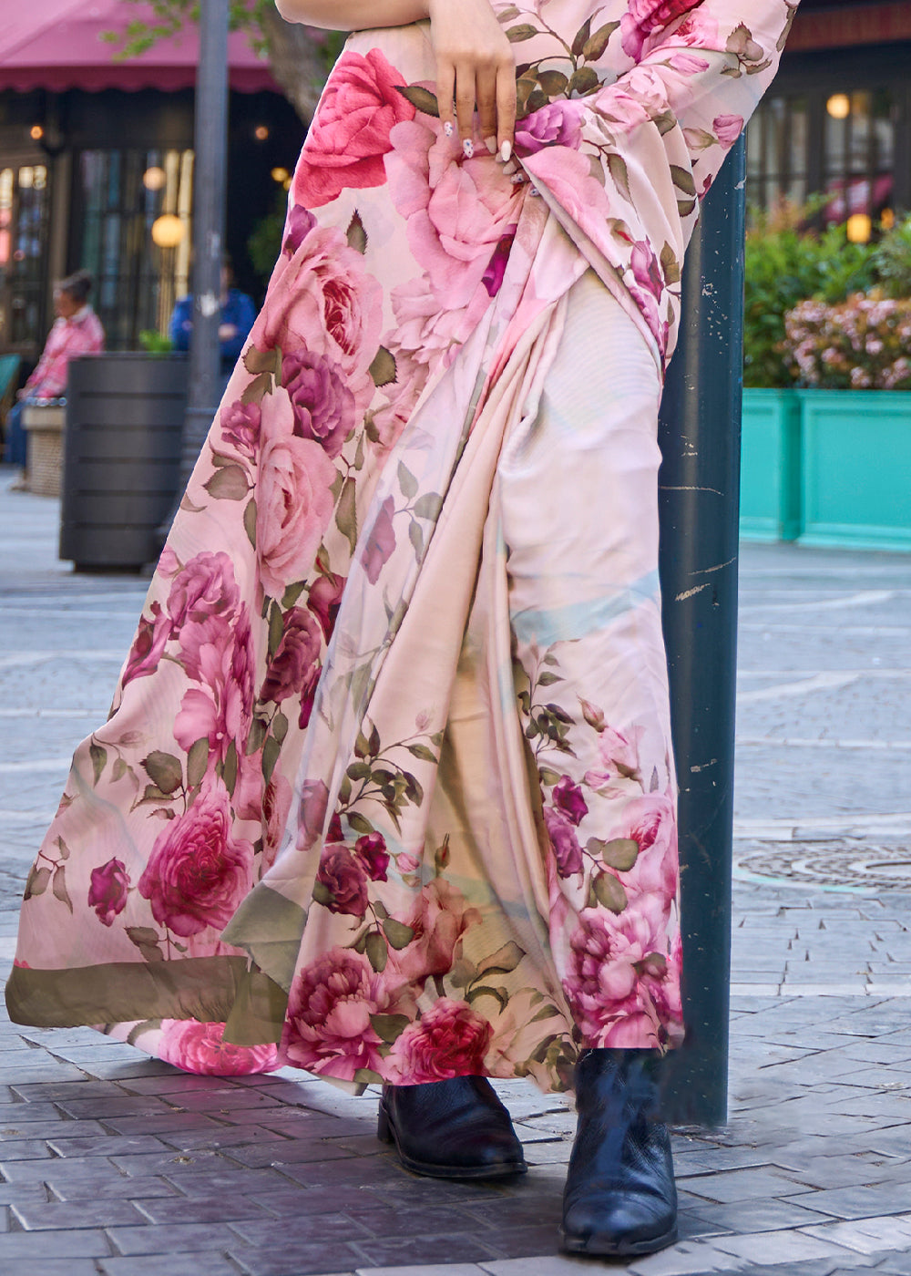 Pearl White Digital Printed Crepe Silk Saree - qivii