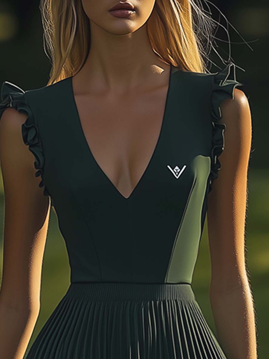 Elegant Sports V-Neck Pleated Hem Dark Green Stretch Mini Dress