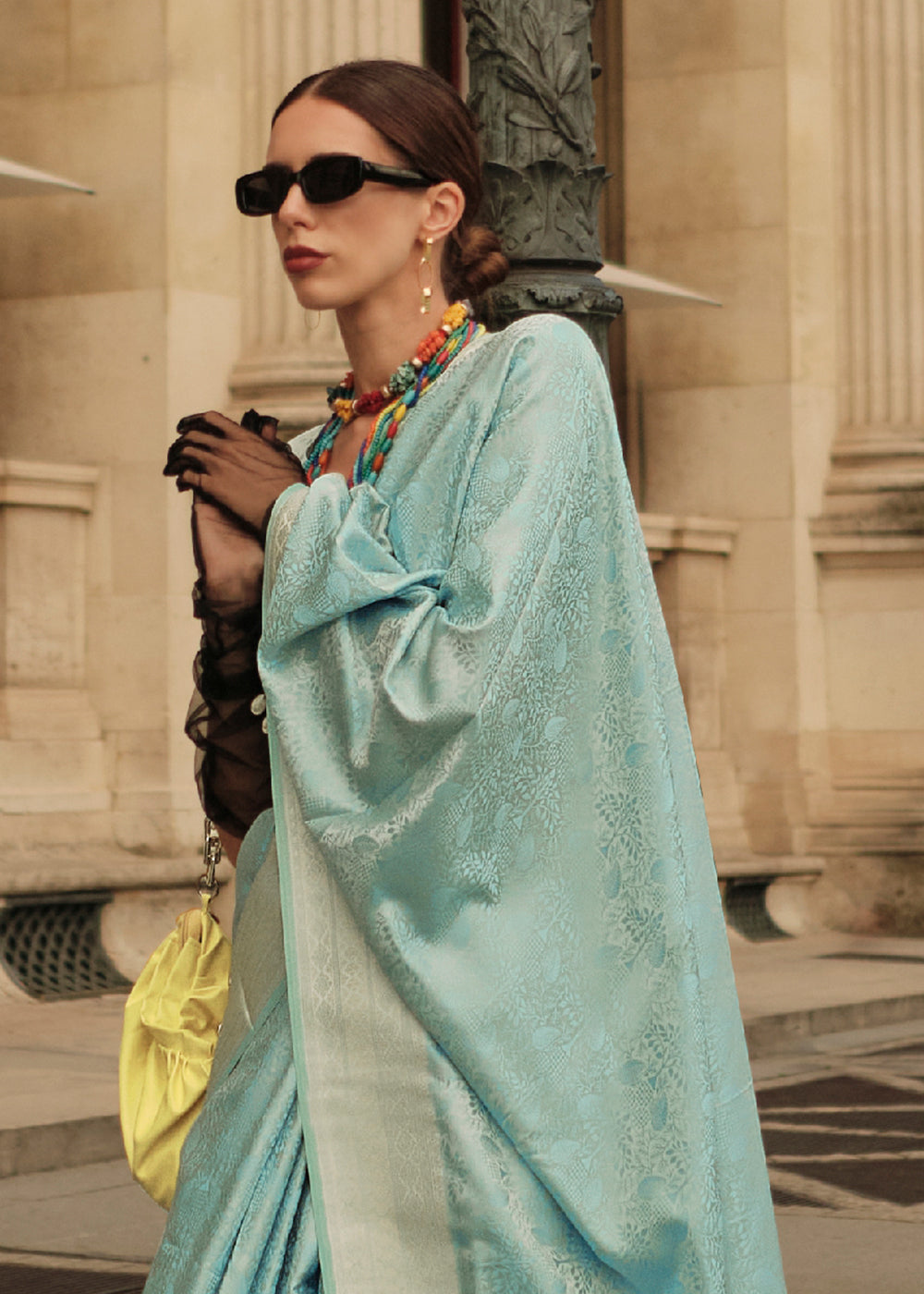 Baby Blue Handloom Woven Satin Silk Saree - qivii