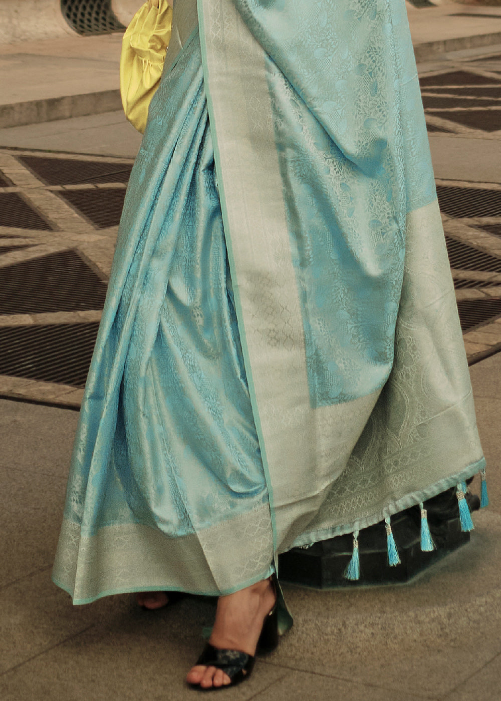 Baby Blue Handloom Woven Satin Silk Saree - qivii