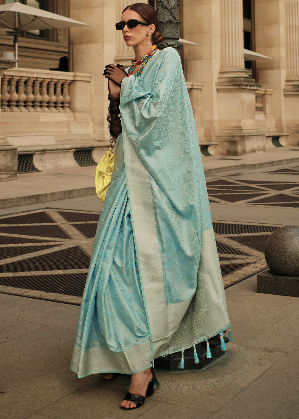 Baby Blue Handloom Woven Satin Silk Saree - qivii