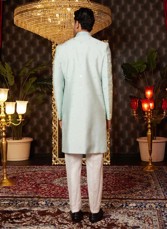 Men's Pista Green Art Silk Thread Work Indo Western Set