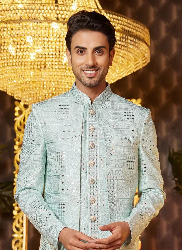 Men's Pista Green Art Silk Thread Work Indo Western Set