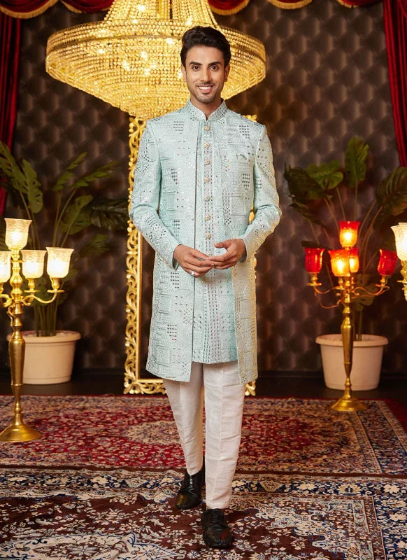 Men's Pista Green Art Silk Thread Work Indo Western Set