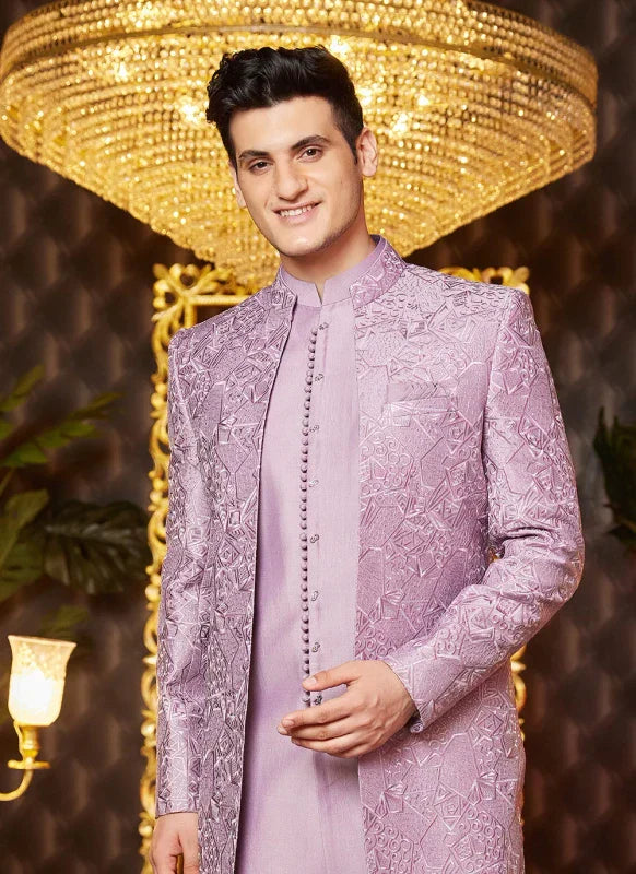 Men's Light Purple Art Silk Thread Work Indo Western Set