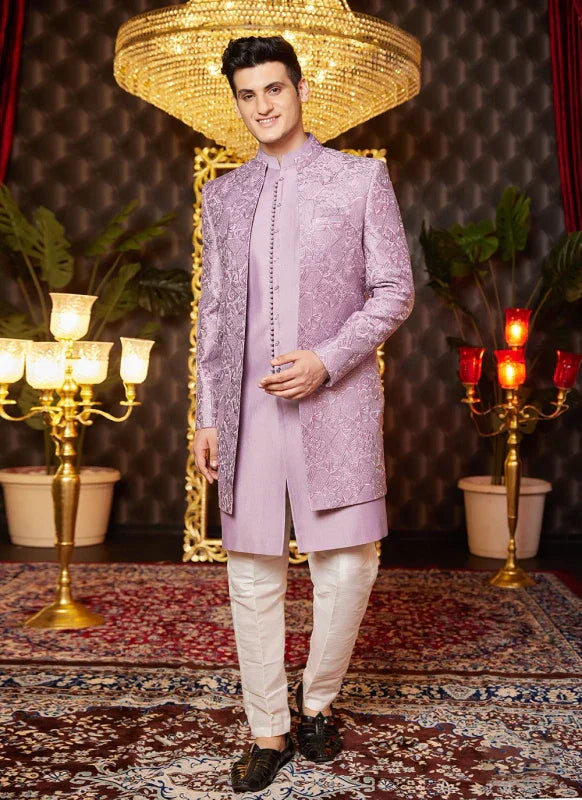 Men's Light Purple Art Silk Thread Work Indo Western Set
