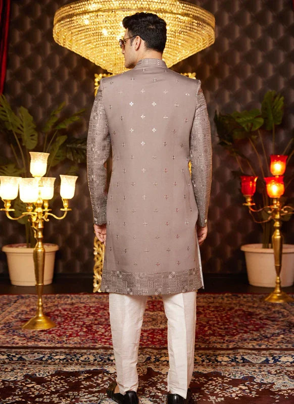 Men's Brown Art Silk Thread Work Indo Western Set