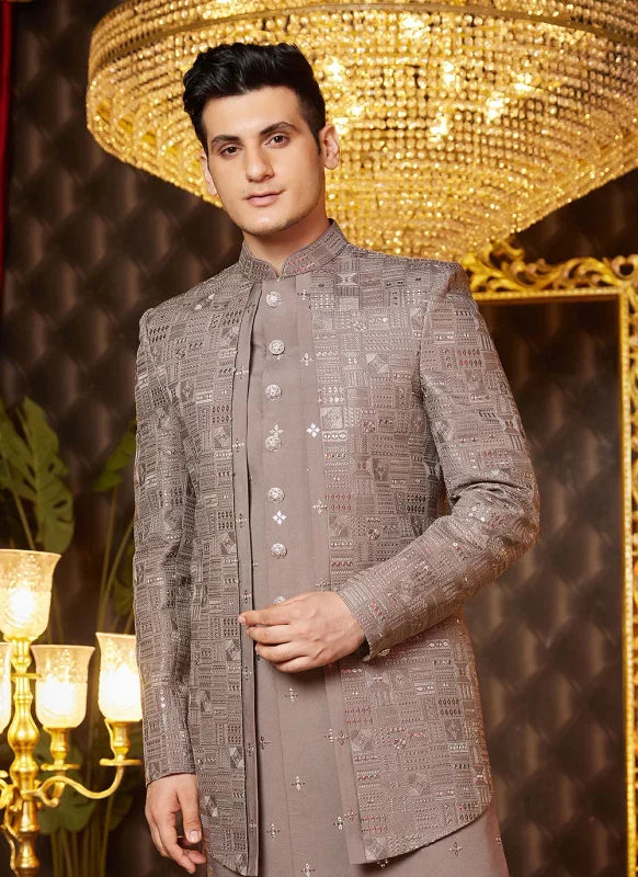 Men's Brown Art Silk Thread Work Indo Western Set