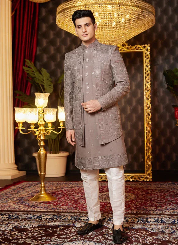 Men's Brown Art Silk Thread Work Indo Western Set