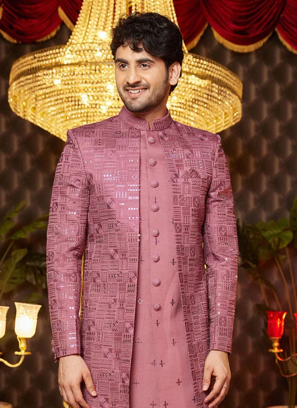 Men's Onion Pink Art Silk Thread Work Indo Western Set