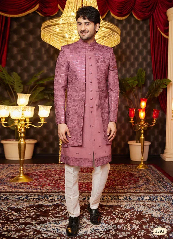 Men's Onion Pink Art Silk Thread Work Indo Western Set