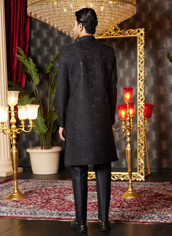 Men's Black Art Silk Thread Work Indo Western Set