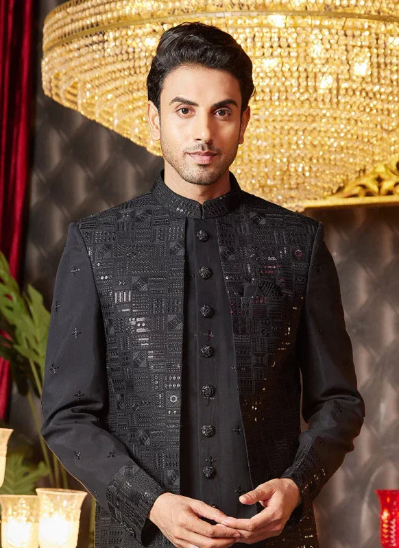 Men's Black Art Silk Thread Work Indo Western Set
