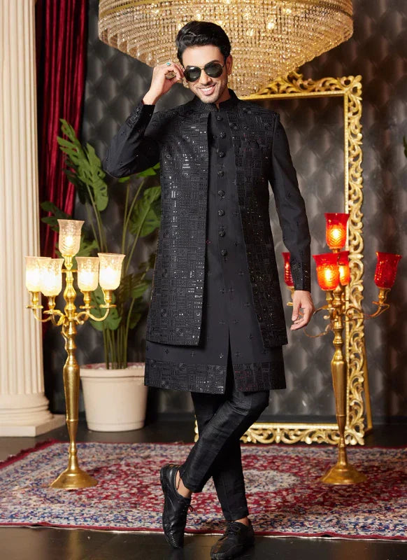 Men's Black Art Silk Thread Work Indo Western Set