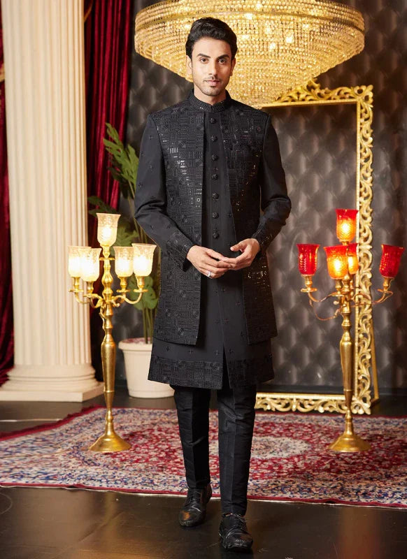 Men's Black Art Silk Thread Work Indo Western Set