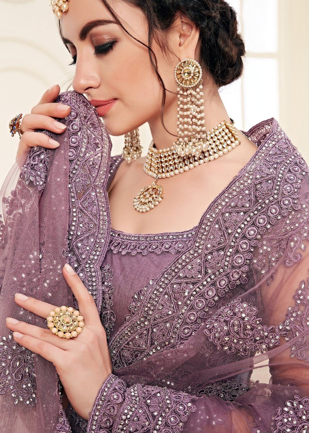 Rain Purple Soft Net Lehenga Choli with Cording Embroidery & Stonework | Ready To Wear - qivii