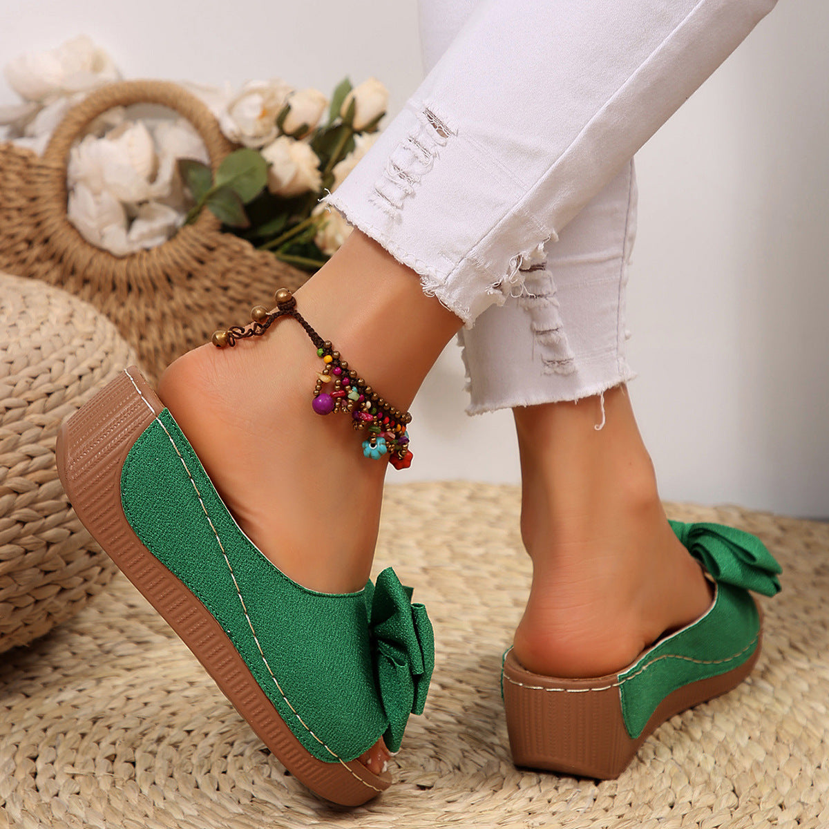 Women’s Liora Bow Flower Platform Wedge Slide Sandals – Peep-Toe Wide Strap Summer Slides (US 5–10.5)