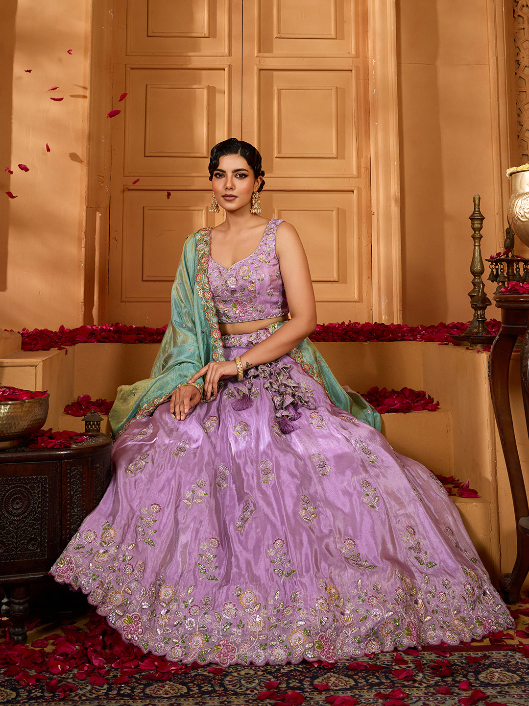 Lavender- Satin Silk Fabric Sequins embroidery Semi-Stitched Lehenga & Unstitched Blouse With Dupatta - qivii