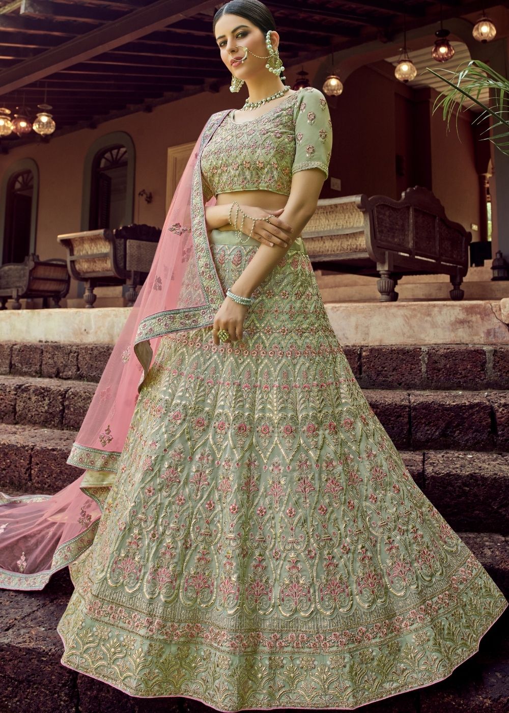 Fern Green Georgette Lehenga Choli with Resham & Gota work | Ready To Wear - qivii