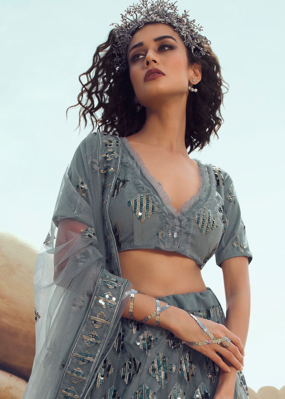 Anchor Grey Soft Net Designer Lehenga Choli with overall Sequins and Thread work(Pre-Order) | Ready To Wear - qivii