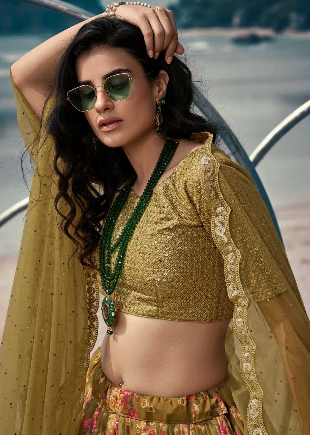 Avocado Green Designer Printed Organza Lehenga with Soft Net Dupatta | Ready To Wear - qivii