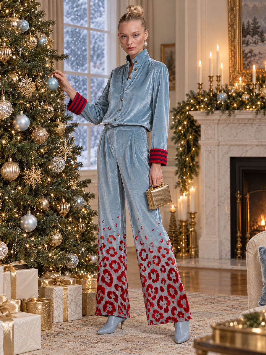 Retro-elegant Color-blocked Striped And Leopard Print Blue Velvet Shirt And Trousers Set - By Qivii