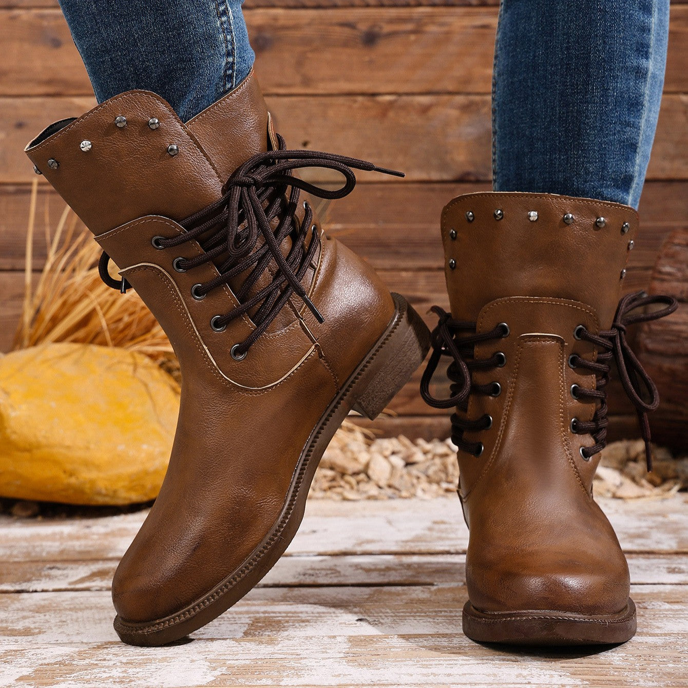 Women's Rivet Roma Boots - Side Lace Chunky Heel Mid Calf Boots (US 4-10.5)
