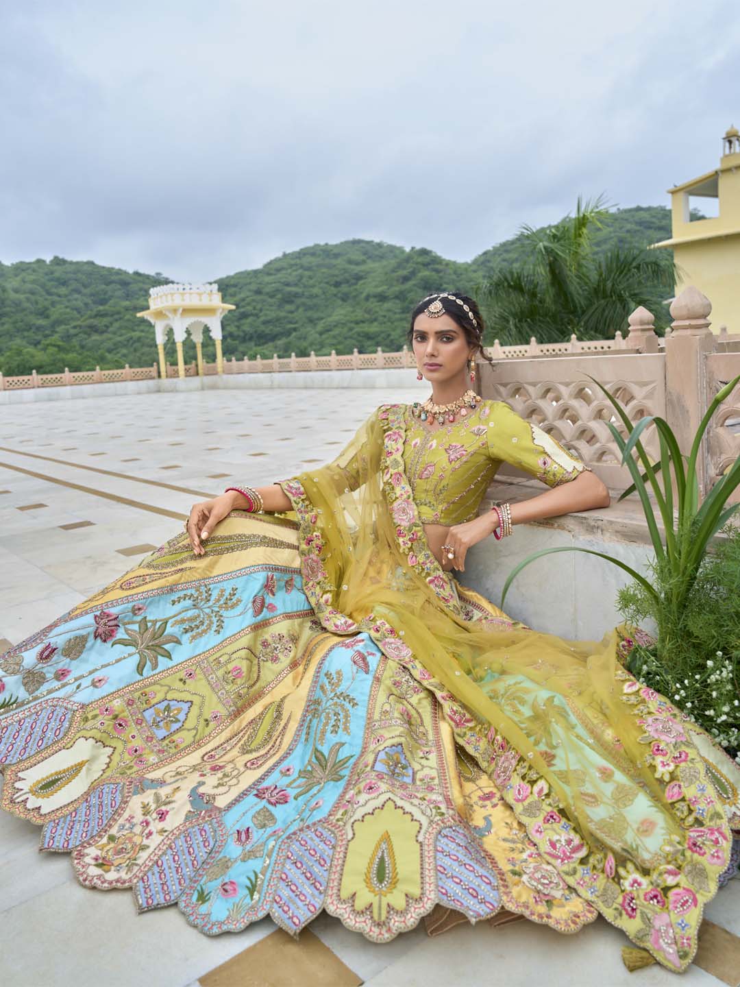 Yellow-Sky Shade Different-Kali Heavy Embroidered Cut-Work Silk Semi Stitched Lehenga Choli - qivii