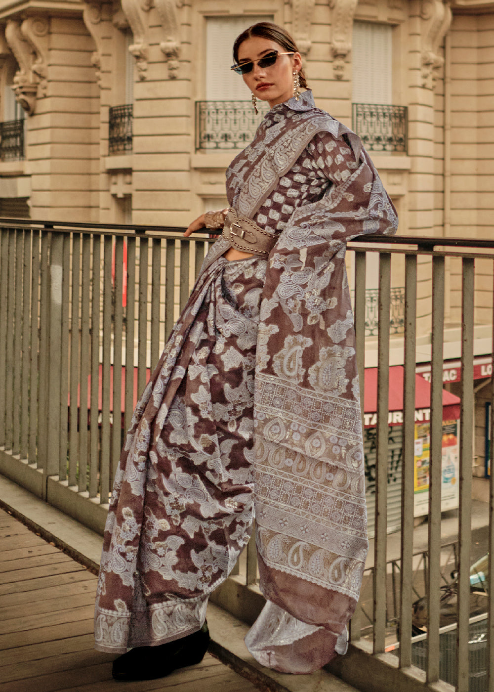 Taupe Brown Zari Handloom Woven Organza Silk Saree - qivii