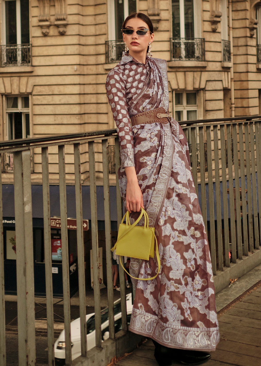 Taupe Brown Zari Handloom Woven Organza Silk Saree - qivii