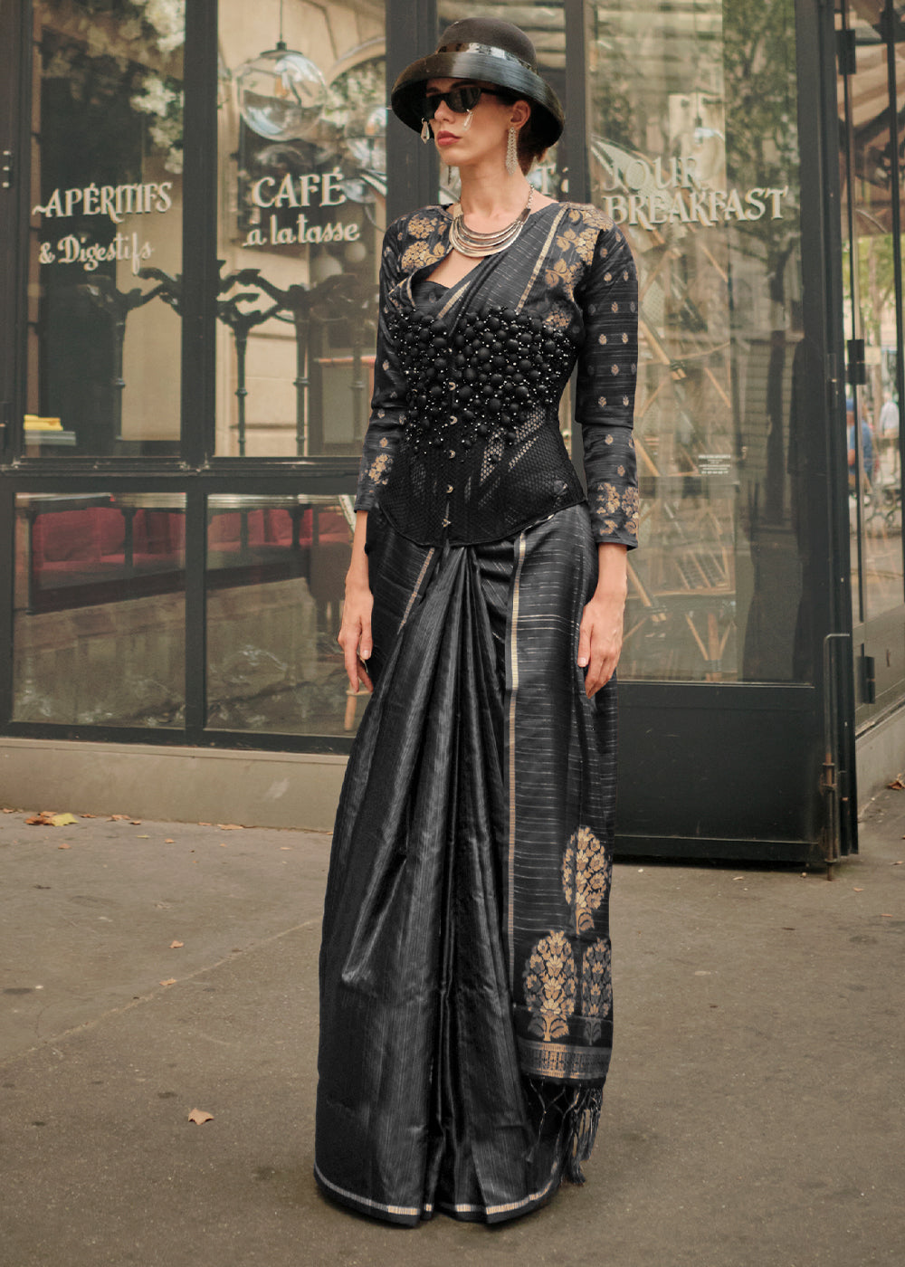 Pitch Black Zari Handloom Woven Satin Silk Saree - qivii