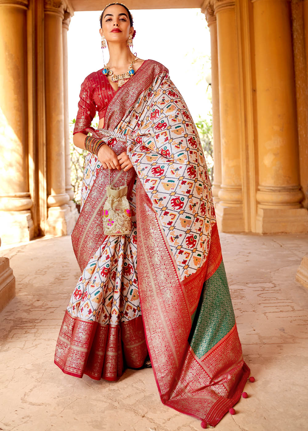 Pearl White Printed Patola Silk Saree with Zari Border & Tassels on Pallu - qivii