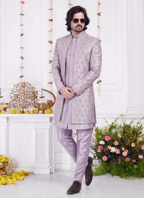 Men's Dark Onion Art Silk Thread Work Indo Western Set