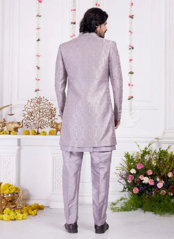 Men's Dark Onion Art Silk Thread Work Indo Western Set