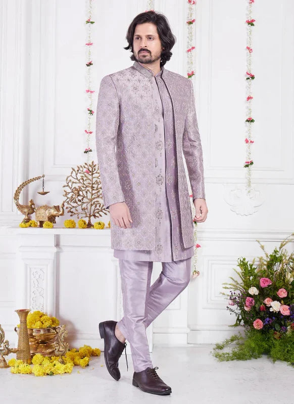 Men's Dark Onion Art Silk Thread Work Indo Western Set