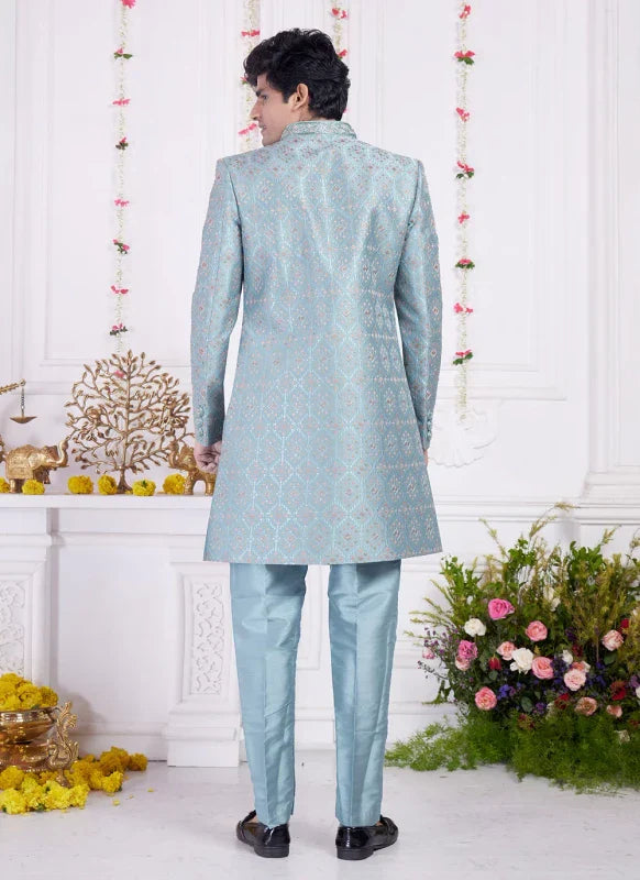 Men's Cyan Art Silk Thread Work Indo Western Set