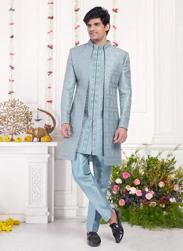 Men's Cyan Art Silk Thread Work Indo Western Set