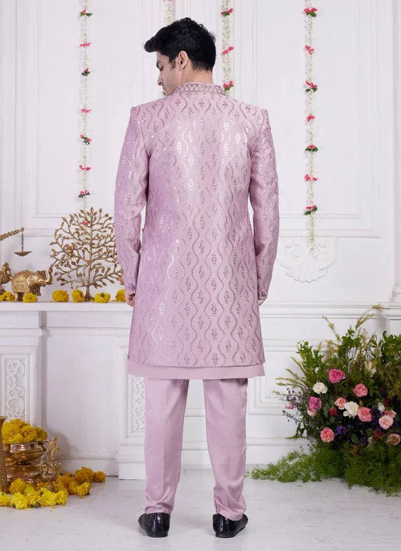 Men's Onion Art Silk Thread Work Indo Western Set