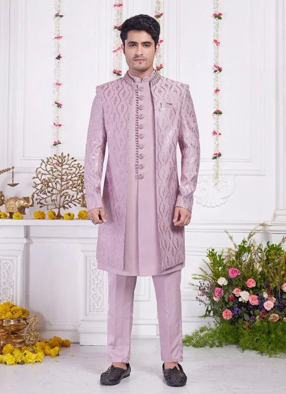 Men's Onion Art Silk Thread Work Indo Western Set