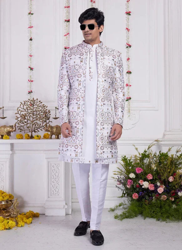 Men's Cream Art Silk Thread Work Indo Western Set