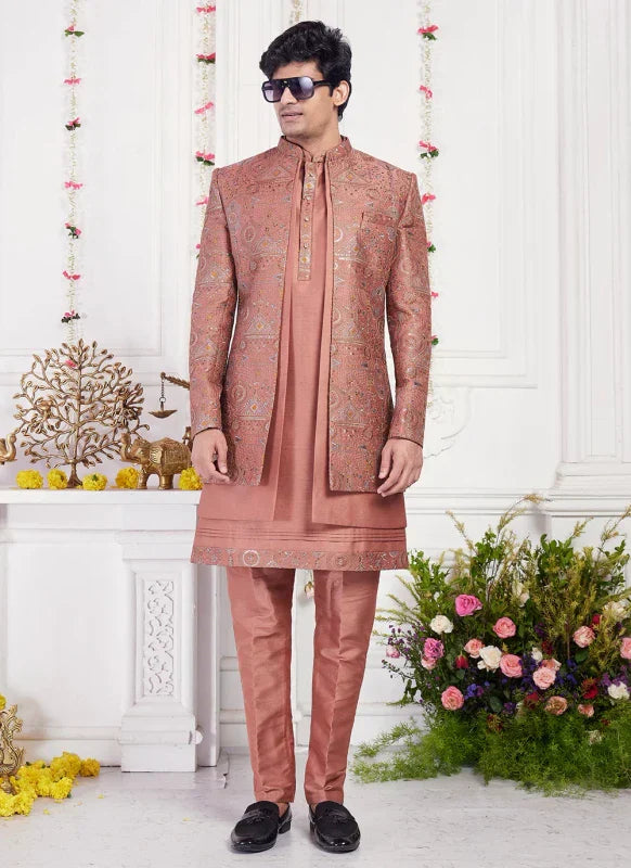 Men's Rust Art Silk Thread Work Indo Western Set