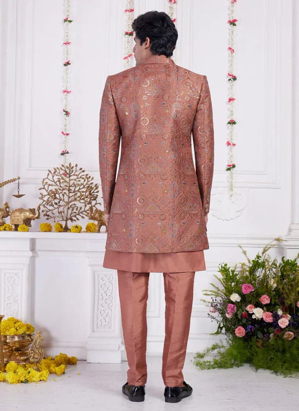 Men's Rust Art Silk Thread Work Indo Western Set