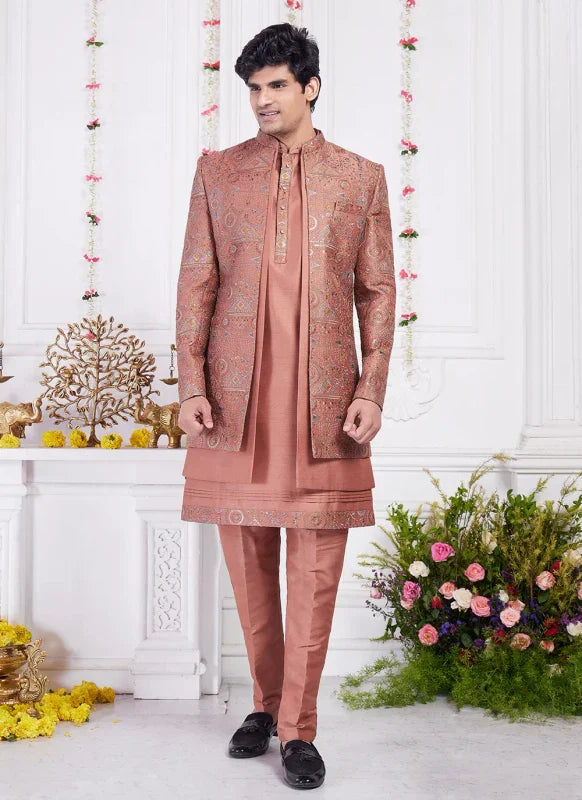 Men's Rust Art Silk Thread Work Indo Western Set